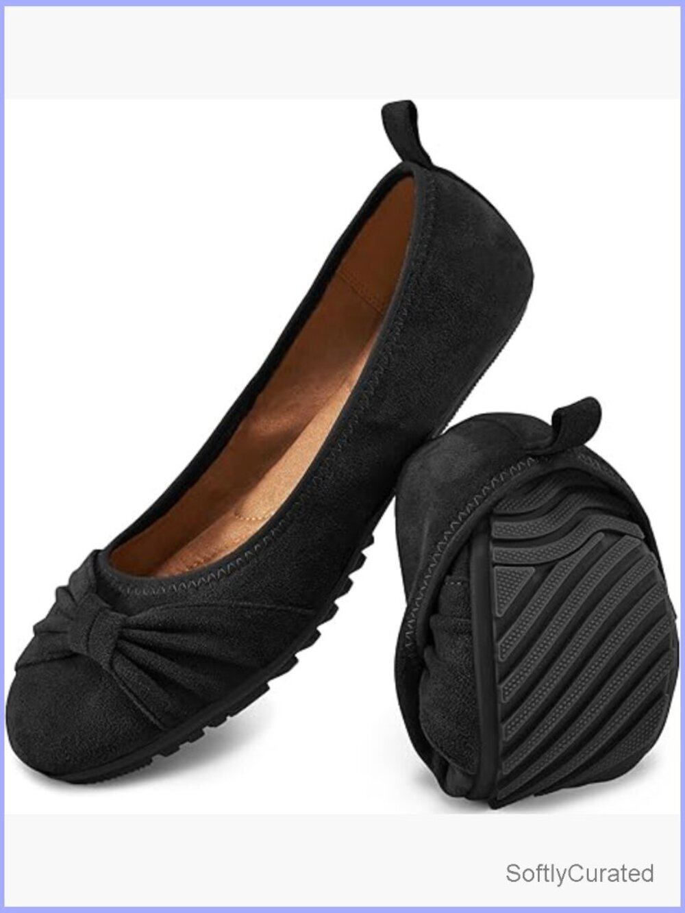 Women's Suede Ballet Flats Foldable Loafers Round Toe Bow Slip Ons Comfortable